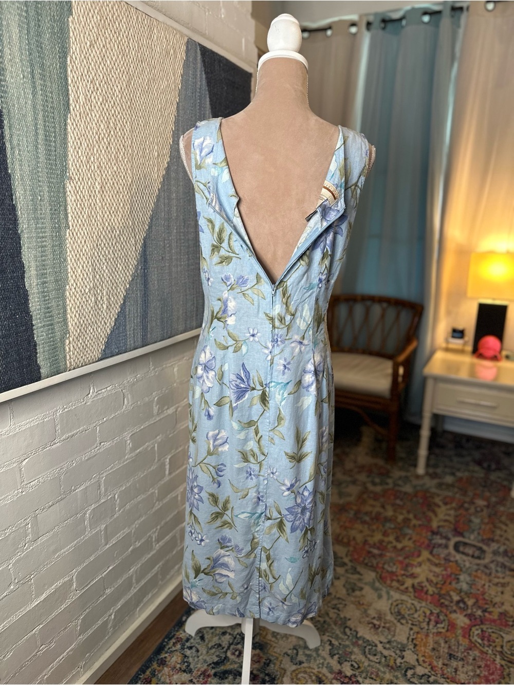 Expressions Linen Blend Blue Floral 90s Sleeveless Midi Dress - Picture 10 of 11